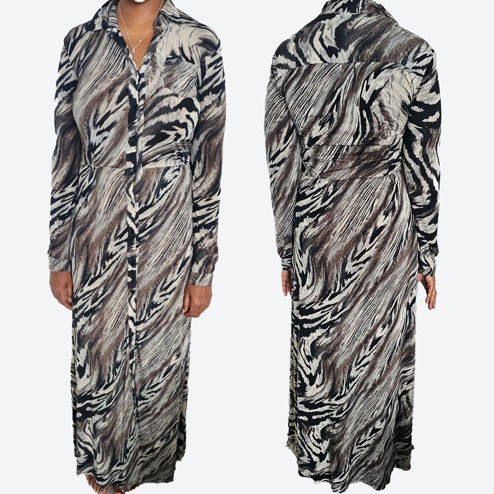 Vintage Animal Print Maxi Long Sleeve Button-Up Dress (Size Small) Stretchy